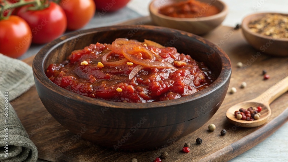 Tomato chutney in a wooden bowl with spices, showcasing a rustic and flavorful condiment.
Tomato chutney in a wooden bowl with spices, showcasing a rustic and flavorful condiment.