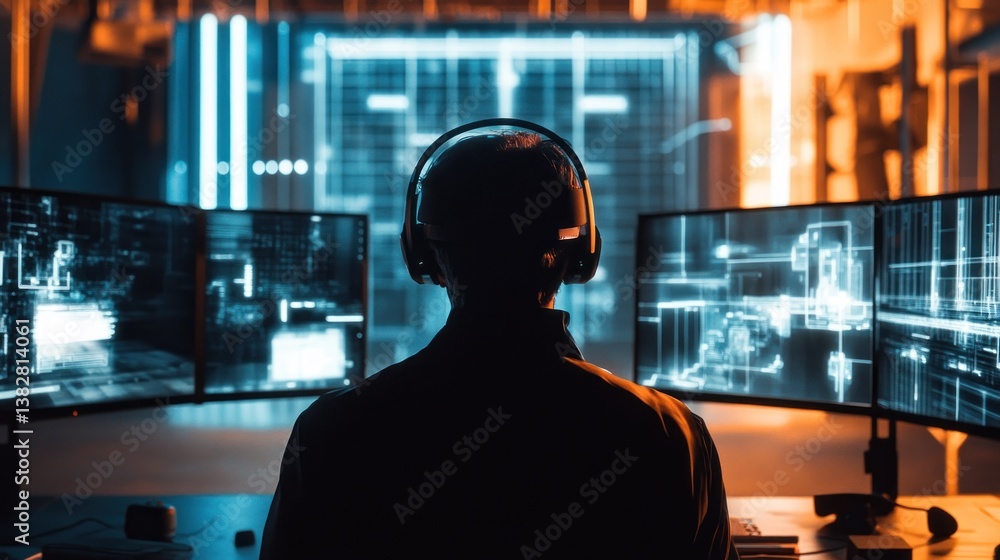 Person Wearing Headphones Viewing Data on Multiple Computer Screens