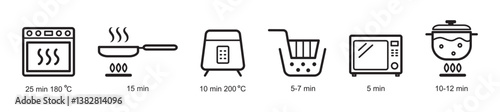 Cooking time icons in appliances isolated on transparent background. Prepared icons set with temperature and time for cooking. Set of linear icons instructions for cooking in kitchen appliances.