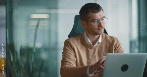 Businessman experiencing headache, fatigue, burnout, and stress in the office while working on a laptop. Symptoms include migraine, depression, anxiety, vertigo, brain fog, and mental health struggles