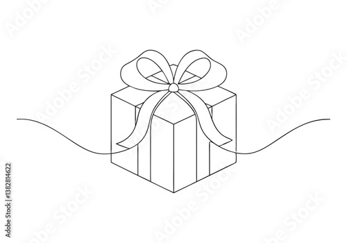 Continuous line drawing of a birthday gift box with ribbon and bow, minimalistic single-line vector illustration

