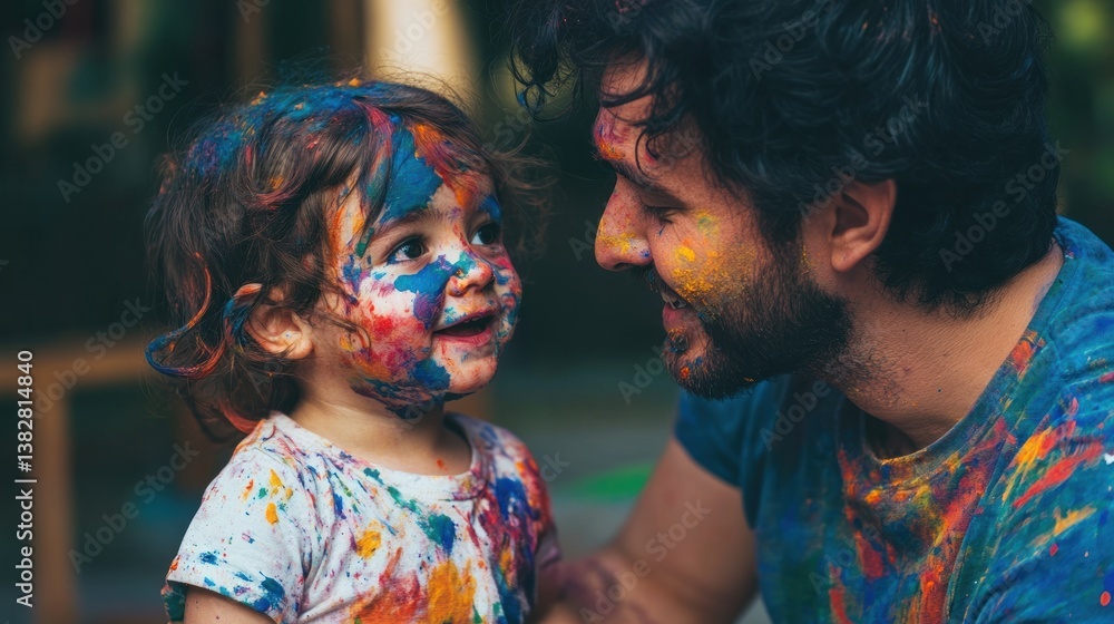 Father and Child Having Fun with Colorful Paint Outdoor Activity