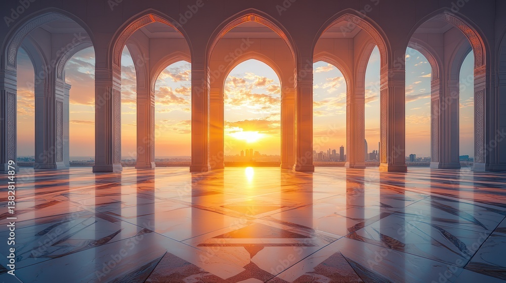 Fototapeta premium Sunrise view from a grand arched colonnade