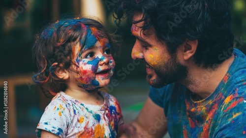 Obraz na płótnie Father and Child Having Fun with Colorful Paint Outdoor Activity w salonie