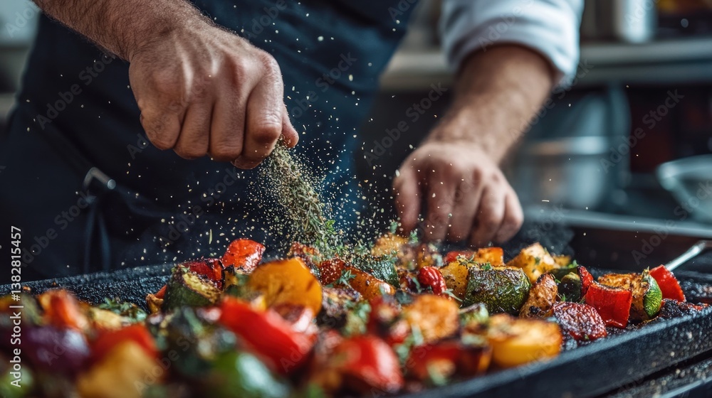 Chef Adding Seasoning to Grilled Mixed Vegetables on a Griddle