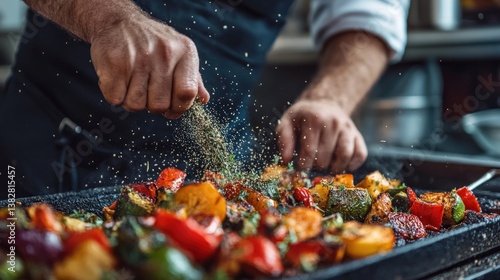 Obraz na płótnie Chef Adding Seasoning to Grilled Mixed Vegetables on a Griddle w salonie