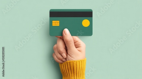 A hand holding a green credit card against a pastel background, showcasing financial transactions and modern banking.