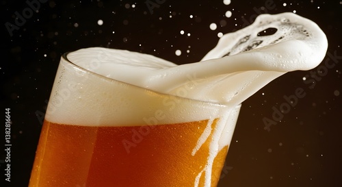 glass of beer, beer with overflowing foam, pouring beer into glass