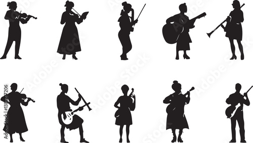 "Elegant Guitarist Silhouettes" or "Musical Princesses with Guitars