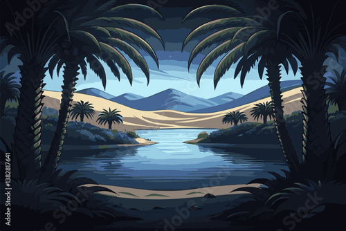 Serene scenic landscapes featuring natural beauty and peaceful scenery in vector and EPS formats. Serene Desert Landscape with Water and Palm Trees at Dusk