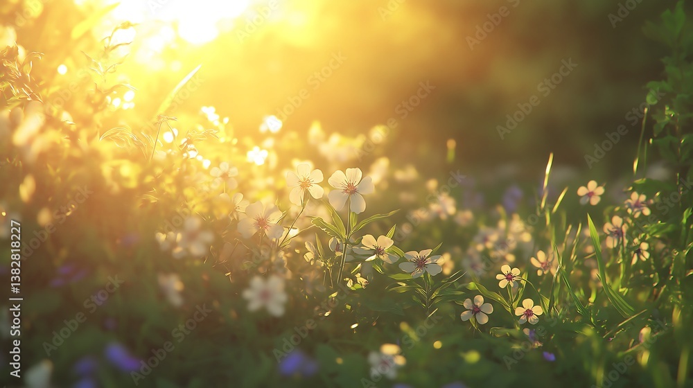 Obraz premium A soft-focus macro of wildflowers bathed in golden morning sunlight, capturing their natural beauty.
