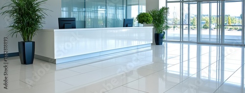 Contemporary office space featuring a glass-walled reception area with a minimalist desk, enhanced by bright LED lighting and greenery
