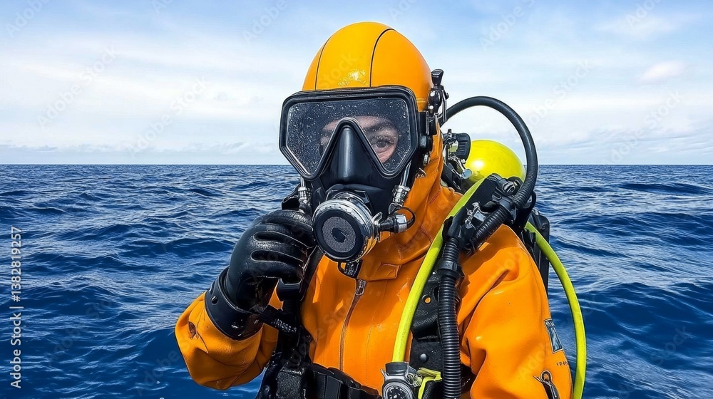 Naklejka premium A deep-sea diver adjusting their oxygen mask before plunging into the depths of the ocean