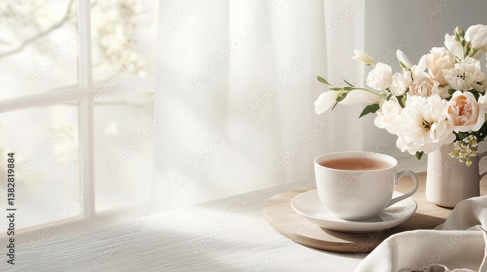Serene morning tea by the window with fresh white floral bouquet Serene morning tea by the window with fresh white floral bouquet