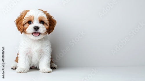 An adorable fluffy Cavoodle puppy sits against a plain white background happily panting with its tongue out showcasing its charming fluffy fur and sweet expression.