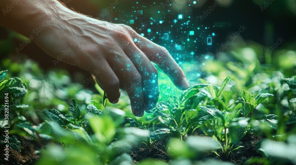 Technological Advancement in Agriculture: A Hand Gently Touches Growing Plants, Representing Innovation and Progress in Farming Technological Advancement in Agriculture: A Hand Gently Touches Growing Plants, Representing Innovation and Progress in Farming