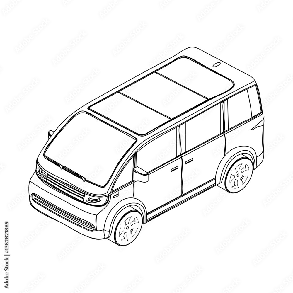 Isometric sketch of a modern minivan with a sleek design. Vector line drawing perfect for infographics, technical blueprints, and mobility design concepts. Isometric sketch of a modern minivan with a sleek design. Vector line drawing perfect for infographics, technical blueprints, and mobility design concepts.