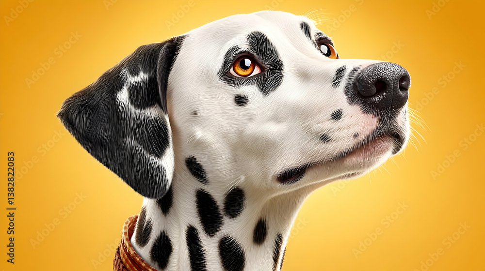 Regal Dalmatian Dog Close-Up Headshot with Vibrant Yellow Background Regal Dalmatian Dog Close-Up Headshot with Vibrant Yellow Background