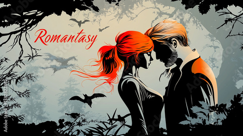 Romantasy genre concept: Intimate couple silhouette in a dark, misty forest with bats and glowing hair highlights, suggesting supernatural romance.