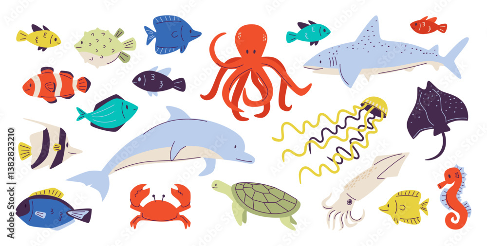 Ταπετσαρία Collection of Cute Underwater Animals and Fishes.