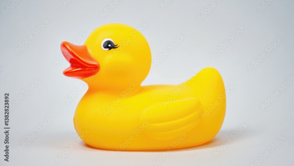 Toy rubber duck with red bill, sitting on a white surface. Toy rubber duck with red bill, sitting on a white surface.