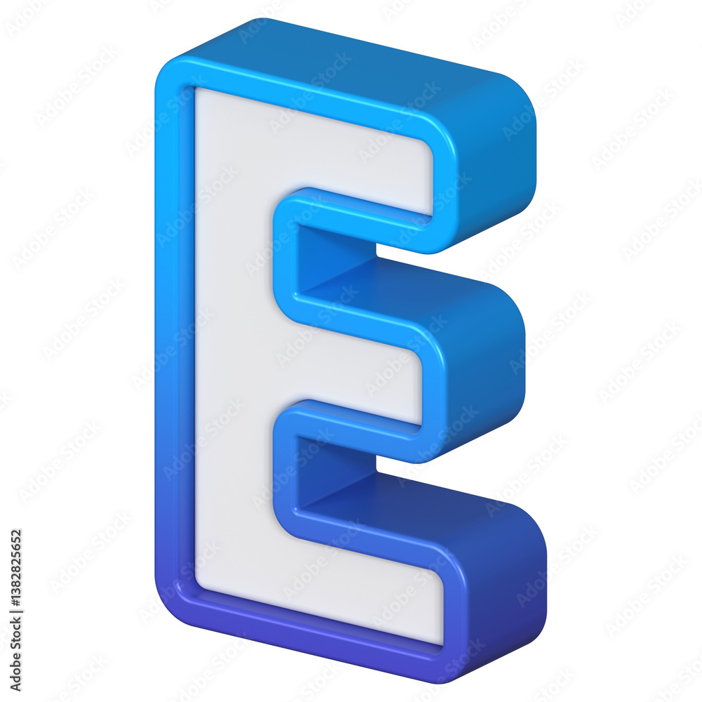 Isometric view of bold Letter E, stands out with its striking blue and white gradient, ready for visual communication, emphasizing clarity and modern feel, 3d rendering