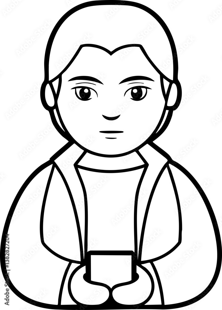 A simple line drawing of a person holding a device, with a neutral expression, wearing a jacket. A simple line drawing of a person holding a device, with a neutral expression, wearing a jacket.