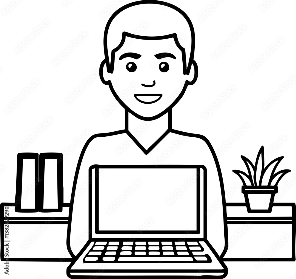 A smiling person sits with a laptop, surrounded by books and a plant, representing a modern workspace or home office. A smiling person sits with a laptop, surrounded by books and a plant, representing a modern workspace or home office.
