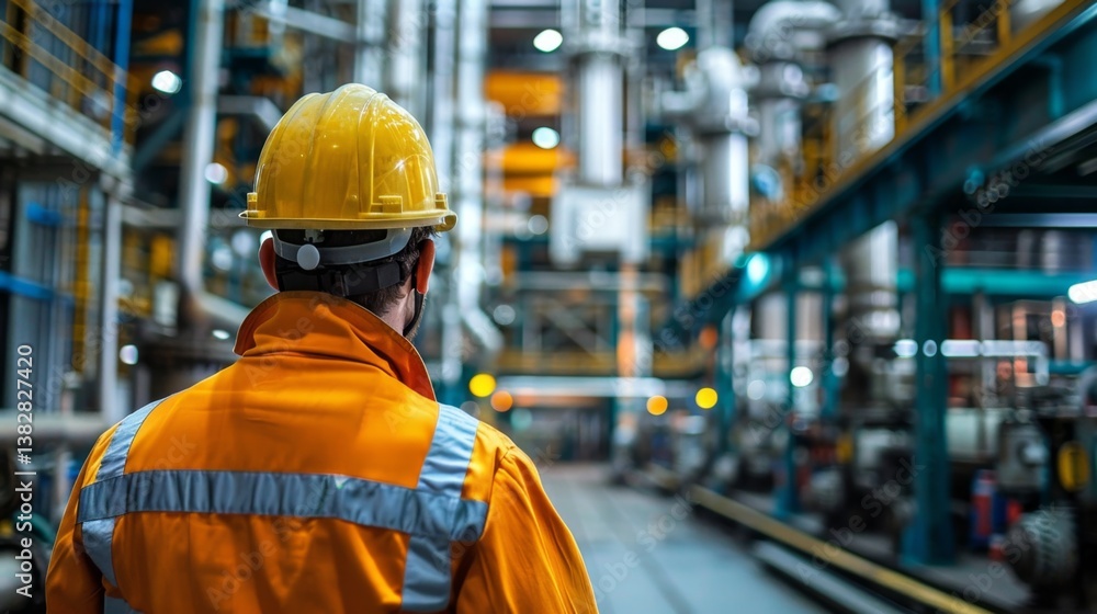 Engineer technician observes workers on high steel platform during industrial project in a facility in daylight Engineer technician observes workers on high steel platform during industrial project in a facility in daylight