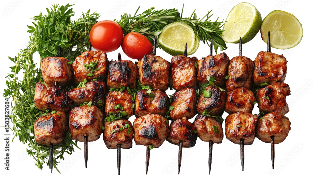 Delicious Grilled Meat Skewers: Juicy grilled meat cubes marinated and seasoned to perfection, threaded onto skewers and garnished with fresh rosemary, cherry tomatoes, and lime wedges. Delicious Grilled Meat Skewers: Juicy grilled meat cubes marinated and seasoned to perfection, threaded onto skewers and garnished with fresh rosemary, cherry tomatoes, and lime wedges.