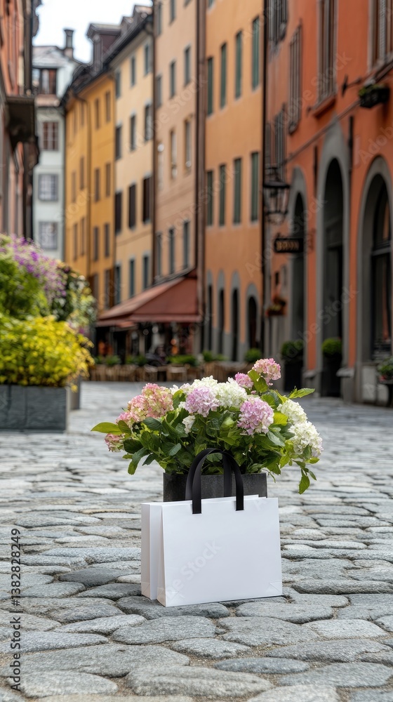 A white paper shopping bag with a ribbon sits alone on a cobblestone street in a tranquil city during the evening light A white paper shopping bag with a ribbon sits alone on a cobblestone street in a tranquil city during the evening light
