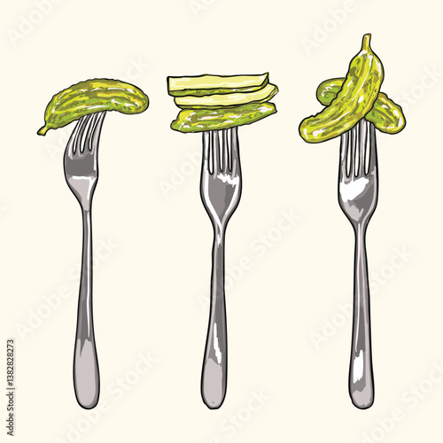 Pickles on Forks – A Playful Culinary Illustration