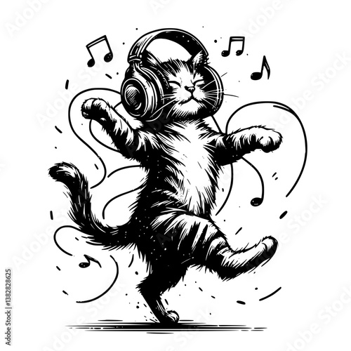 Dancing cat wearing headphones in monochrome illustration, transparent background  
