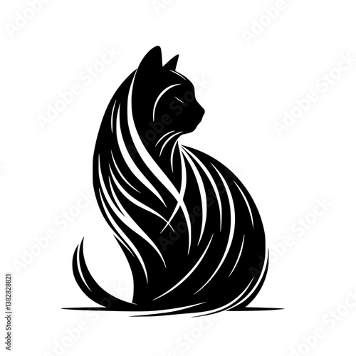 Cat silhouette in monochrome style with flowing hair design, transparent background  