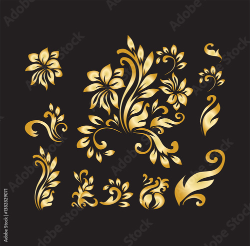 Golden calligraphic design elements on black background set