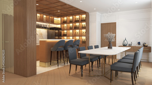 Wallpaper Mural Modern minimalist party room with high chair in front of the bartender shelf and dining table. 3D Rendering Torontodigital.ca