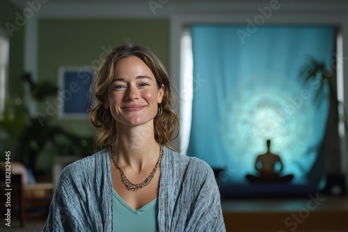 Yoga teacher leading restorative class in quiet indoor space  peace and happy smiles.