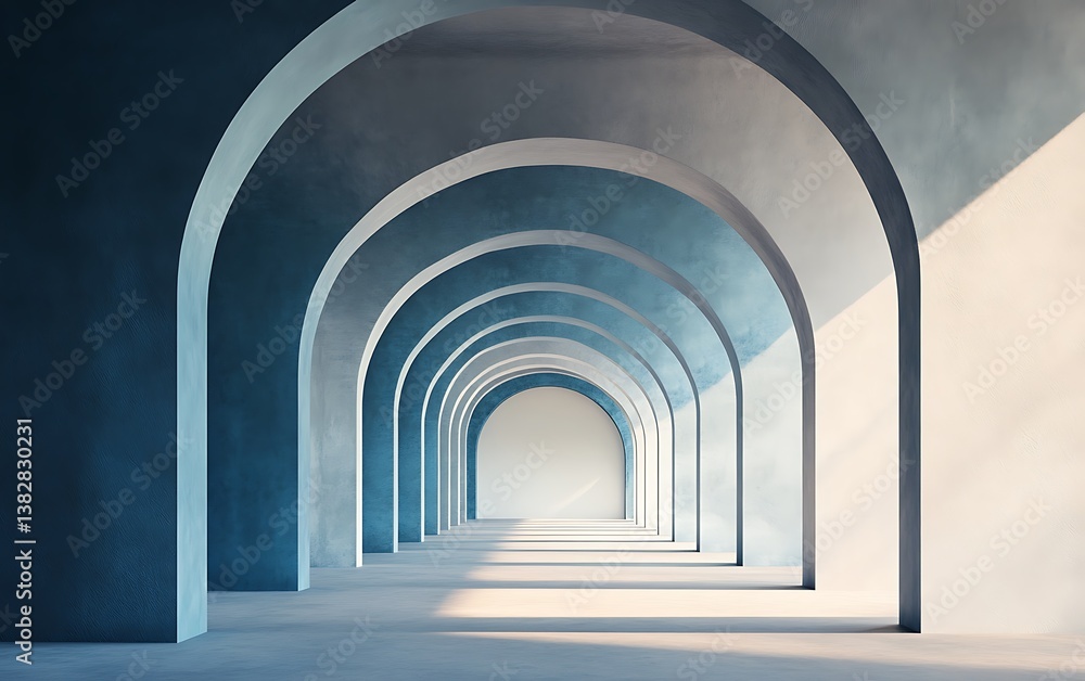 Abstract futuristic interior of an empty tunnel with blue and gray arches Abstract futuristic interior of an empty tunnel with blue and gray arches