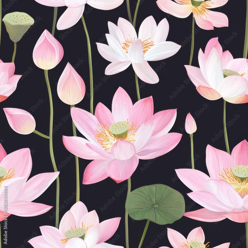Seamless Pattern of Delicate Pink and White Lotus Flowers on Dark Background with Leaves and Buds Seamless Pattern of Delicate Pink and White Lotus Flowers on Dark Background with Leaves and Buds