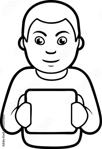 A cartoon-style illustration of a smiling boy holding a tablet, featuring simple lines and a friendly expression.