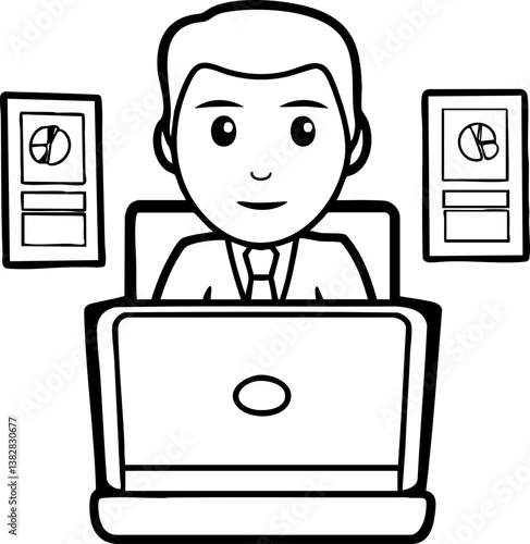 A cartoon-style illustration of a businessman sitting at a laptop, smiling, with documents on the wall behind him.