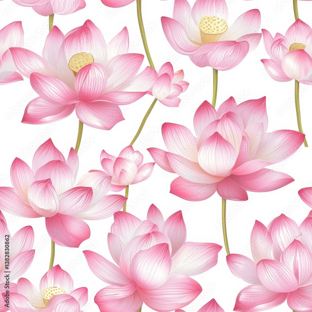 Seamless Pattern of Elegant Pink Lotus Flowers with Green Stems on a White Background Seamless Pattern of Elegant Pink Lotus Flowers with Green Stems on a White Background