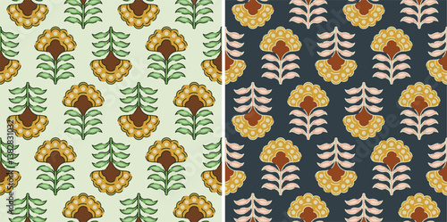 Multicolor Ajrakh Damask Floral Kalamkari Block Print Repeat Vector Pattern