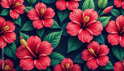 Wallpaper Mural Bold hibiscus flower motif, repeating design, saturated colors, hibiscus, element Torontodigital.ca
