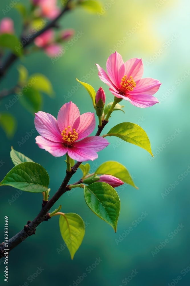 Fototapeta premium Branch with leaves and flowers on pure surface, colorful, tree branch