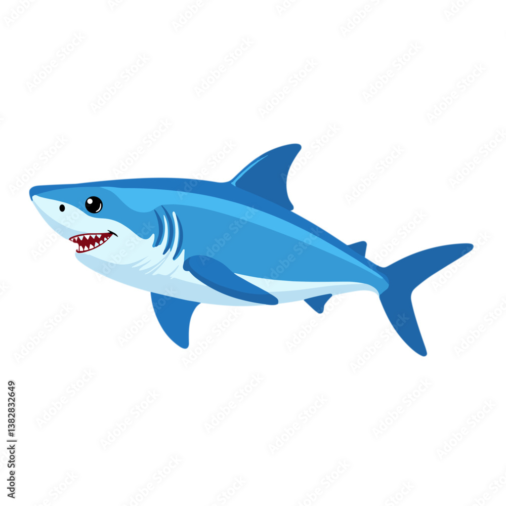 Fototapeta premium Cartoon shark swimming in a vibrant blue ocean background 