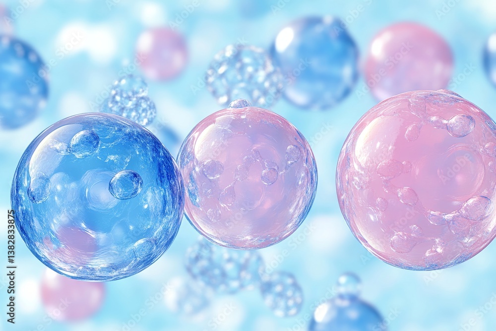 A close-up view of blue exosome particles within transparent spheres. This 3D illustration depicts exosomes in biotechnology, specifically related to cosmetology and trichology A close-up view of blue exosome particles within transparent spheres. This 3D illustration depicts exosomes in biotechnology, specifically related to cosmetology and trichology