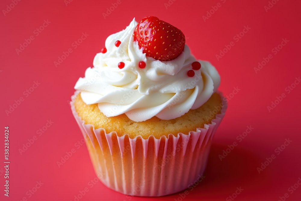 A delicious cupcake with white frosting and a strawberry garnish A delicious cupcake with white frosting and a strawberry garnish