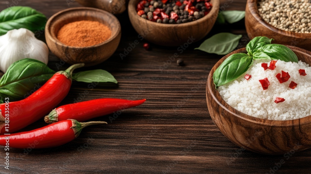 Bright red chili peppers are surrounded by fresh garlic and basil on a wooden table with various spices in the background, inviting flavors Bright red chili peppers are surrounded by fresh garlic and basil on a wooden table with various spices in the background, inviting flavors