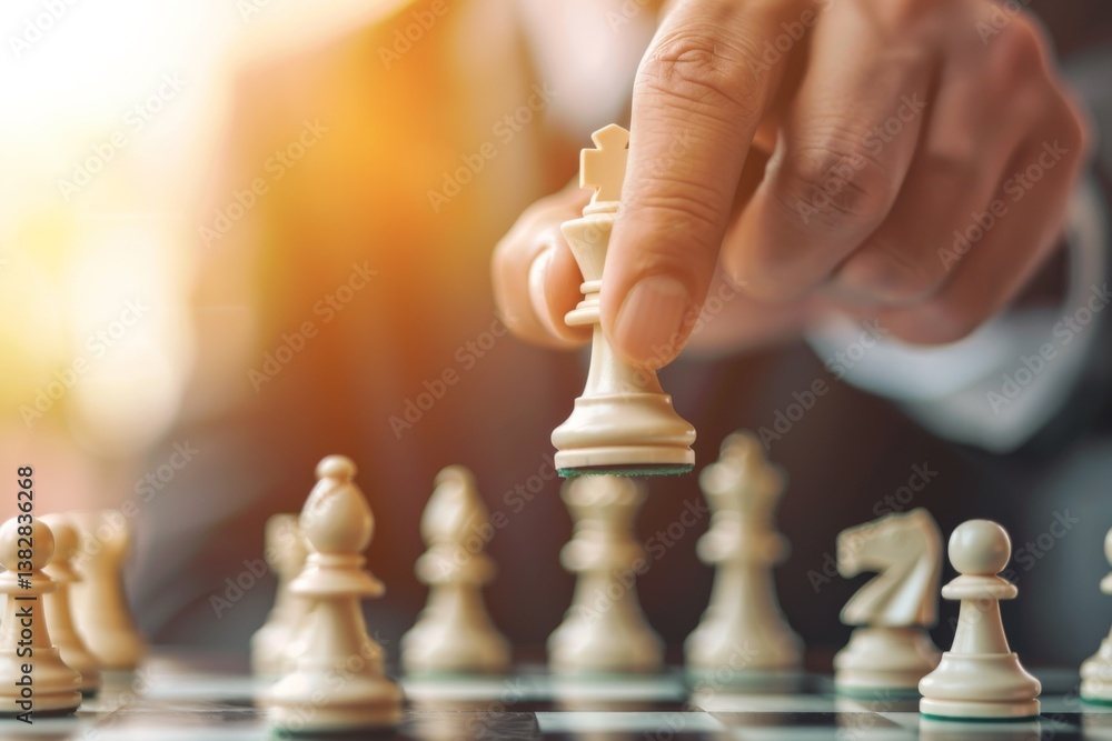 Strategy game in progress: Hand moving king chess piece during a business negotiation concept, competitive challenge and planning Strategy game in progress: Hand moving king chess piece during a business negotiation concept, competitive challenge and planning